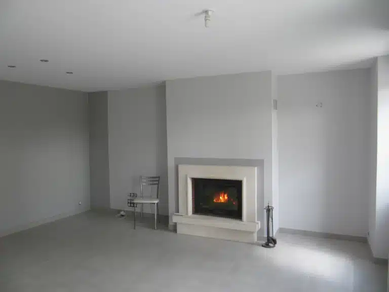 Salon vide avec cheminée allumée.